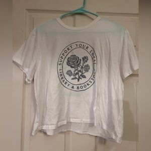 American Eagle White Graphic Tee with Library & Bookstore Print